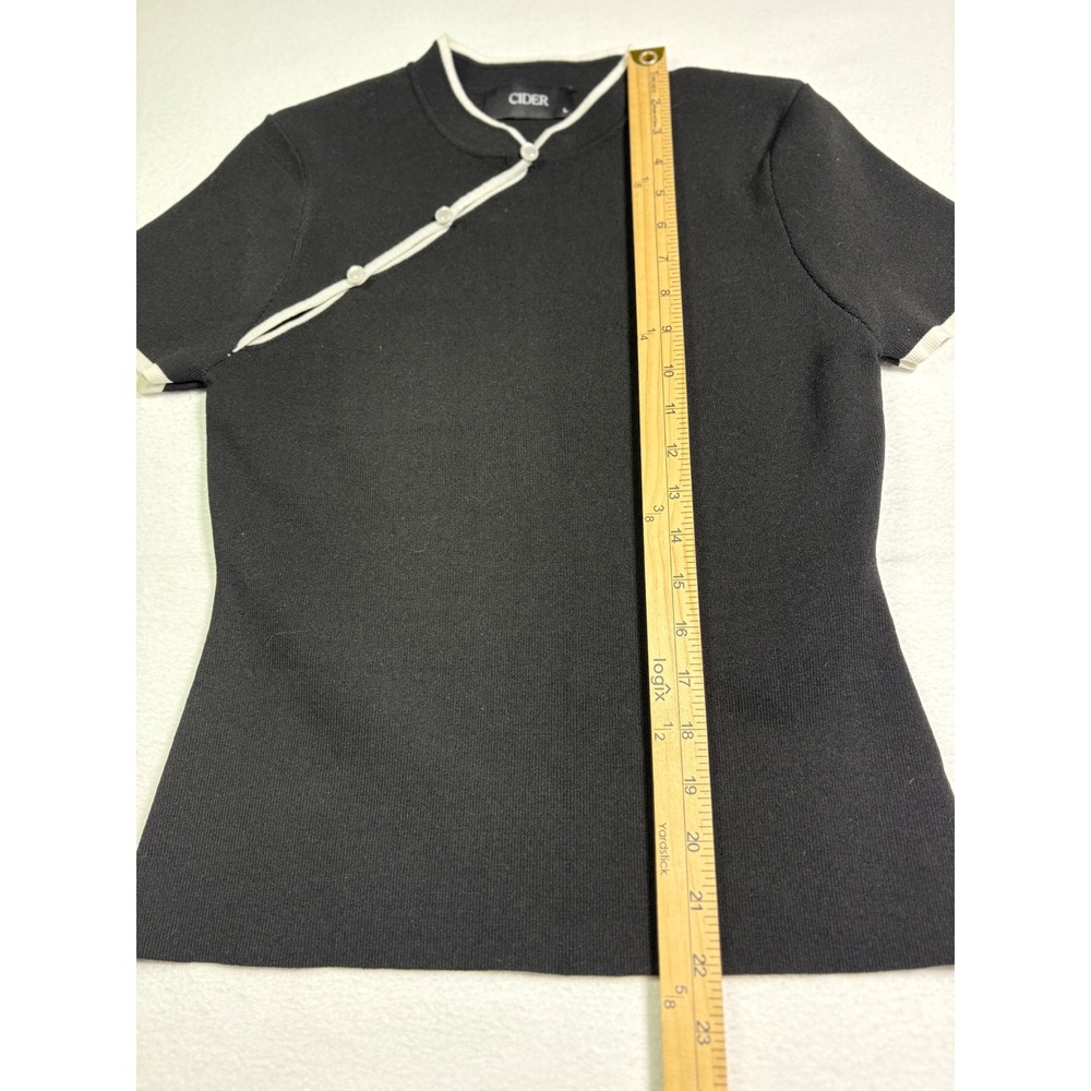 Cider Womens Asymmetric Pearl Button Knit Top Black White Trim Large BLACK - Picture 5 of 6